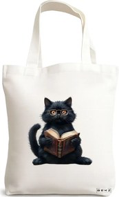 Sacosa de Panza pentru Cumparaturi, Geanta Tote, model Reading cat 10 38 x 34.5 cm, Alba, BEKZ®