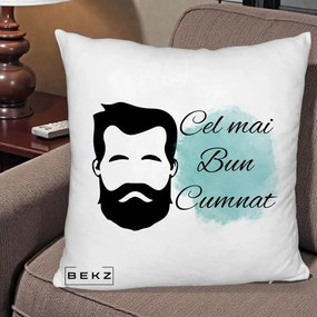 Cadou pentru Cumnat - Perna Personalizata Cel mai Bun Cumnat cu Portret Barbat si Pete Teal, 40x40 cm, Alb Pufos, Husa Detasabila, Perna Inclusa, BEKZ®