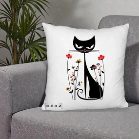 Perna Decorativa Pisica Neagra Grafica Flori Rosii, 40x40 cm, Alb Pufos, Husa Detasabila, Perna Inclusa, BEKZ®