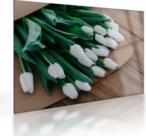 Tablou pe sticlă cu buchet de lalele albe (70x50 cm)