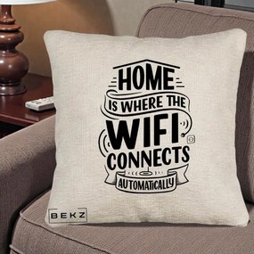 Perna Decorativa Home Is Where WiFi Connects, 40x40 cm, Bej Canapea, Husa Detasabila, Perna Inclusa, BEKZ®