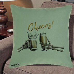 Perna Decorativa Halloween Cheers Schelete cu Bere, 40x40 cm, Verde, Husa Detasabila, Perna Inclusa, BEKZ®