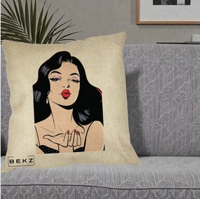 Perna Decorativa Femeie Pop-Art Kiss, 40x40 cm, Crem, Husa Detasabila, Perna Inclusa, BEKZ®