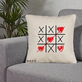 Cadou Romantic - Perna Personalizata Love Joc X si Inima cu Castigator Iubire, 40x40 cm, Bej Canapea, Husa Detasabila, Perna Inclusa, BEKZ®