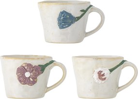 Set 3 căni din ceramică gri, lucrate manual, cu motive florale în relief, „Loua", 9 x 7,5 cm