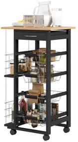 HOMCOM Carucior de Bucătărie cu Roți Carucior Multiusos cu Sertar 4 Coșuri Detașabile de Metal și Rafturi 47x37x83 cm Negru | Aosom Romania