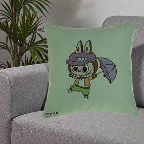 Perna Personalizata Labubu Lucky cu Umbrela, 40x40 cm, Verde, Husa Detasabila, Perna Inclusa, BEKZ®