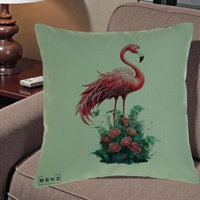 Perna Decorativa Flamingo cu Trandafiri Tropicali, 40x40 cm, Verde, Husa Detasabila, Perna Inclusa, BEKZ®