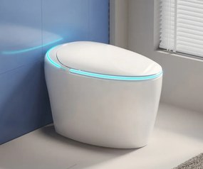 Vas toaletă inteligentă cu Bideu, Afișaj LED, Telecomandă, Sterilizare UV, Deschidere/Închidere automată, funcționare senzor picior, Control inteligent al Temperaturii, Uscare aer cald, Iluminare de noapte, Ceramică, Alb, 911
