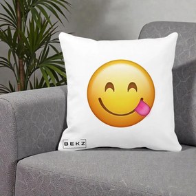 Perna Decorativa Emoji Limba Scoasa, 40x40 cm, Alba Mata, Husa Detasabila, Perna Inclusa, BEKZ®