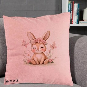 Perna Decorativa Iepuras cu Coronita Florala Roz, 40x40 cm, Roz, Husa Detasabila, Perna Inclusa, BEKZ®