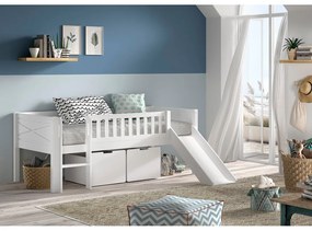 Pat pentru copii alb înalt din lemn de pin cu spațiu de depozitare cu somieră 90x200 cm Scott – Vipack