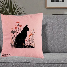 Perna Decorativa Pisica Neagra Profil Flori Portocalii, 40x40 cm, Roz, Husa Detasabila, Perna Inclusa, BEKZ®