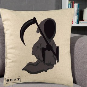 Perna Decorativa Moartea cu Coasa Grim Reaper Halloween, 40x40 cm, Bej, Husa Detasabila, Perna Inclusa, BEKZ®