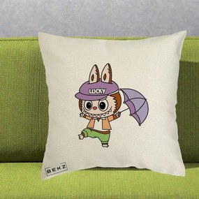 Perna Personalizata Labubu Lucky cu Umbrela, 40x40 cm, Ecru, Husa Detasabila, Perna Inclusa, BEKZ®