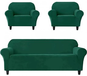 Set Huse Elastice din Catifea pentru Canapea 3 Locuri + 2 Fotolii, cu Brate, Verde, HCCJS-07