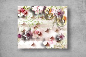 Tapet Premium Canvas - Flori colorate si hexagoane abstract
