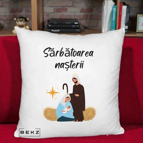Perna Decorativa Nasterea Domnului Sfanta Familie Sarbatoarea Nasterii, 40x40 cm, Alb Pufos, Husa Detasabila, Perna Inclusa, BEKZ®