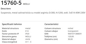 Lustra moderna cu 5 pendule WOLLI nichel/transparent 15760-5 GL