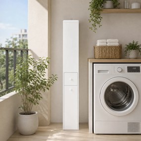 HOMCOM Dulap Baie Slim cu Organizator Glisant pe Roți, Sertar și Raft Reglabil, MDF, 18 x 40 x 135 Cm, Alb | Aosom Romania