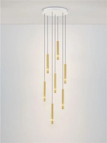 Lustra cu 7 Pendule tub subtire aluminiu auriu si alabastru LED NOEMI