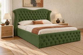 Pat tapițat Chesterfield Avella 180×200 cm, kaki, cu ladă de depozitare