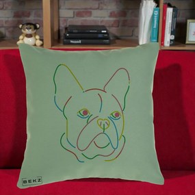 Perna Decorativa Bulldog Francez Line Art Curcubeu, 40x40 cm, Verde, Husa Detasabila, Perna Inclusa, BEKZ®