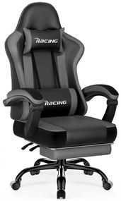 Scaun gaming, Masaj în perna lombară, Suport picioare, Rabatabil 90-165°, piele PU, Negru/Gri