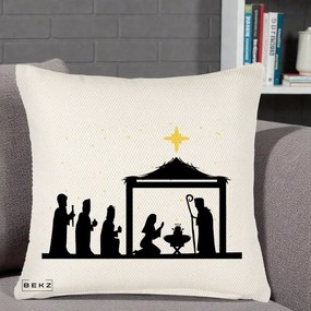 Perna Decorativa Nasterea Pruncului Silueta Neagra si Stea Aurie, 40x40 cm, Crem Reliefat, Husa Detasabila, Perna Inclusa, BEKZ®