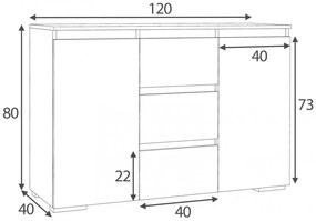 COA502 - Comoda 120 cm, cu 3 sertare si 2 dulapuri pentru dormitor, living, dining - Alba/ Crem/ Maro