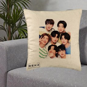 Perna Personalizata K-pop BTS Bangtan Boys Portret Grup Fanart, 40x40 cm, Bej, Husa Detasabila, Perna Inclusa, BEKZ®