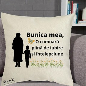 Cadou pentru Bunica - Perna Personalizata Bunica Mea Comoara cu Fluture si Baietel, 40x40 cm, Ecru, Husa Detasabila, Perna Inclusa, BEKZ®