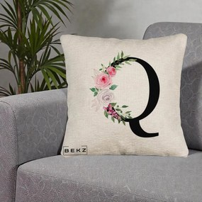 Cadou Personalizat - Perna Personalizata Monograma Florala Litera Q, 40x40 cm, Bej Canapea, Husa Detasabila, Perna Inclusa, BEKZ®