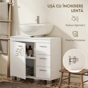 HOMCOM Dulap Sub Lavoar pentru Baie cu Ușă Amortizată și 3 Sertare, Decupaj în Formă de U și Rafturi, Dulap Modern și Compact pentru Lavoare cu Piedestal sau Fără, Alb | Aosom Romania