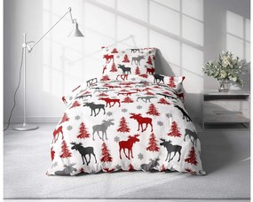 Lenjerie de pat flanel CHRISTMAS MOOSE alb + cearceaf microplus SOFT 90x200 cm gri inchis