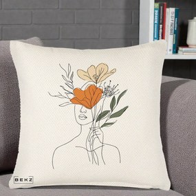 Perna Decorativa Portret Feminin Coroana Florala, 40x40 cm, Crem Reliefat, Husa Detasabila, Perna Inclusa, BEKZ®