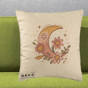 Perna Decorativa Luna Florala Boho, 40x40 cm, Bej, Husa Detasabila, Perna Inclusa, BEKZ®
