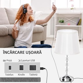 HOMCOM Lampă de Masă cu Buton și Port USB, Lampă Modernă din Metal, Sticlă și Poliester, Ø23x45 cm, Argintiu | Aosom Romania