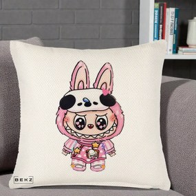 Perna Personalizata Labubu Panda-Bunny Roz, 40x40 cm, Crem Reliefat, Husa Detasabila, Perna Inclusa, BEKZ®