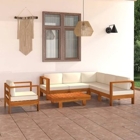 3057936 vidaXL Set mobilier grădină perne alb/crem, 7 piese, lemn masiv acacia