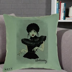 Perna personalizata Wednesday Addams Portret Gotic, 40x40 cm cu Umplutura, Verde, BEKZ
