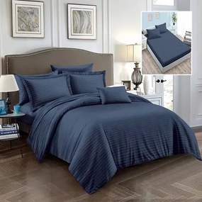 Lenjerie de pat Damasc Policoton cu 6 piese, cearceaf cu elastic 160x200cm, pentru pat dublu, bleumarin, IMP51