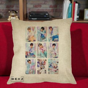 Perna Personalizata K-pop BTS Colaj 9 Fotografii Autografe Individual, 40x40 cm, Crem, Husa Detasabila, Perna Inclusa, BEKZ®
