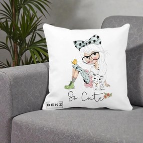 Perna Decorativa So Cute Fata Fashion, 40x40 cm, Alba Mata, Husa Detasabila, Perna Inclusa, BEKZ®