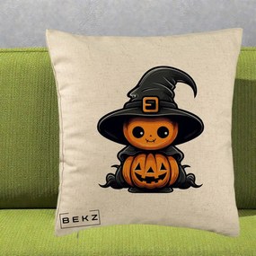 Perna Decorativa Halloween Dovleac Vrajitor Kawaii, 40x40 cm, Bej, Husa Detasabila, Perna Inclusa, BEKZ®