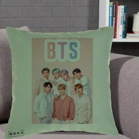 Perna Personalizata K-pop BTS Foto Grup cu BTS si Fond Roz Pastel, 40x40 cm, Verde, Husa Detasabila, Perna Inclusa, BEKZ®
