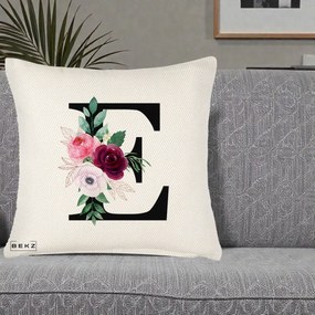 Cadou Personalizat - Perna Personalizata Monograma Florala Litera E, 40x40 cm, Crem Reliefat, Husa Detasabila, Perna Inclusa, BEKZ®