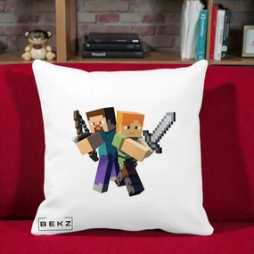 Perna Personalizata Minecraft Steve si Alex, 40x40 cm, Alba Mata, Husa Detasabila, Perna Inclusa, BEKZ®