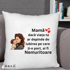Cadou pentru Mama - Perna Personalizata Mama Nemuritoare cu Bebelus Lineart, 40x40 cm, Alb Pufos, Husa Detasabila, Perna Inclusa, BEKZ®