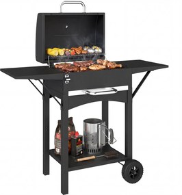 Outsunny Grătar pe cărbuni cu capac, BBQ Smoker cu 2 mese laterale, suprafață mare de gătit, grătar, termometru, roți | Aosom Romania